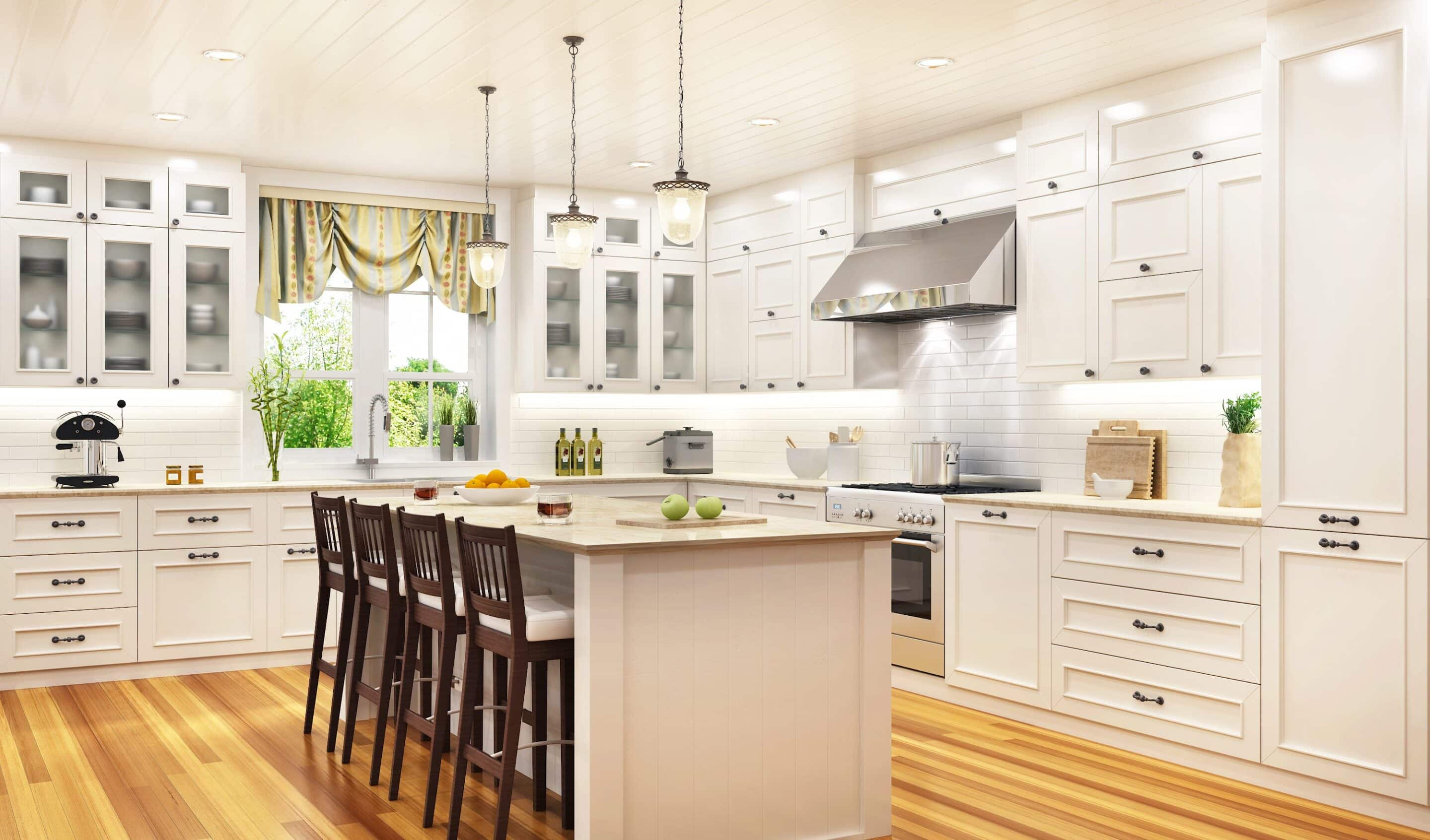Kitchen with pendant lights, recessed lighting, and task lighting